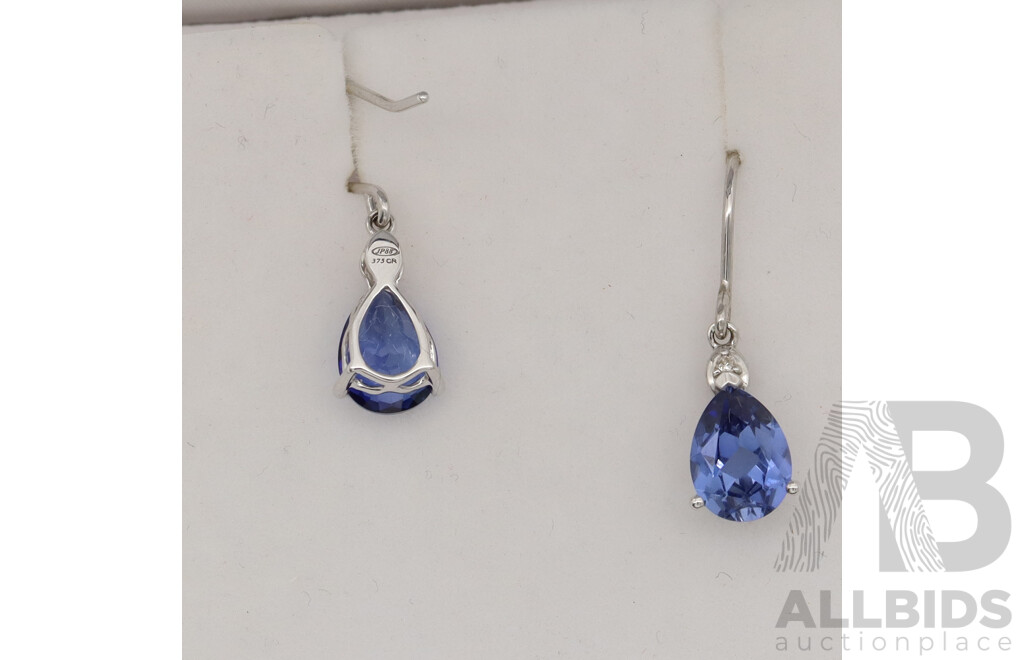 9ct Created Ceylon Sapphire & Diamond Drop Earrings From Prouds, as New, 23mm, 1.51 Grams