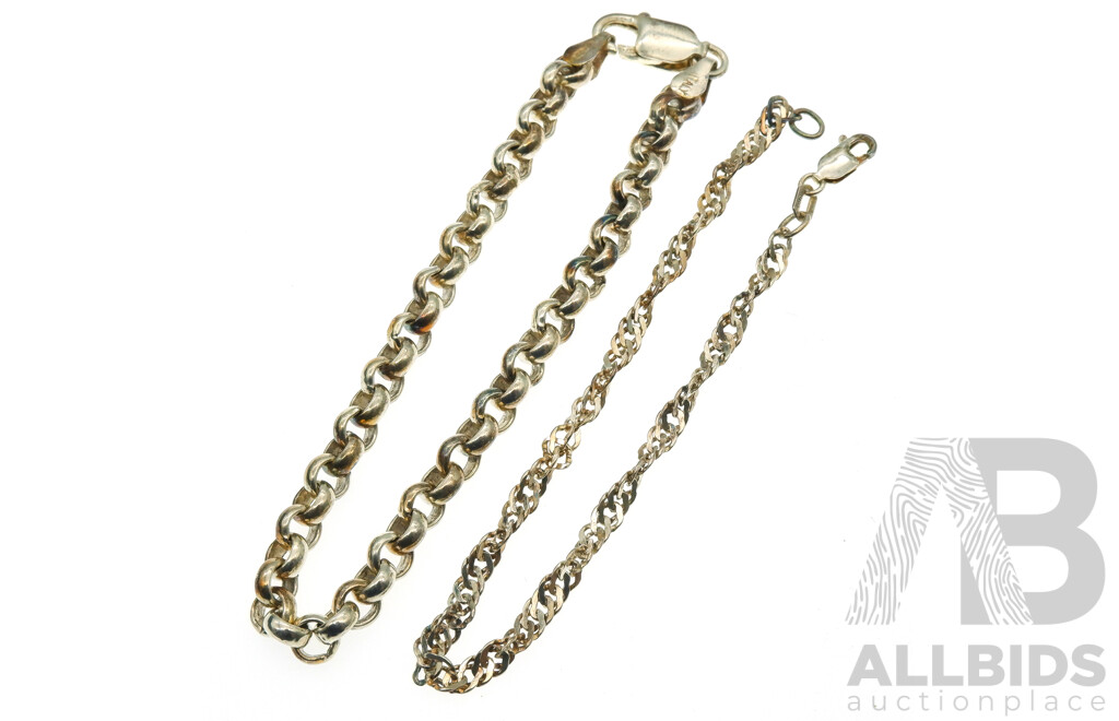 Sterling Silver Belcher Link Bracelet, 20cm and Sterling Silver Fancy Twist Link Bracelet, 19cm, 21.60 Grams