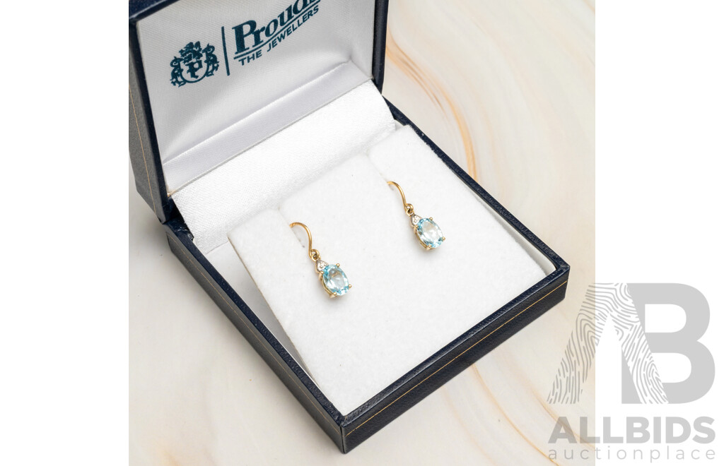 Prouds 9ct Topaz & Diamond Drop Earrings on Shepherds Hooks, TDW 0.01ct, as New, 20mm, 1.29 Grams