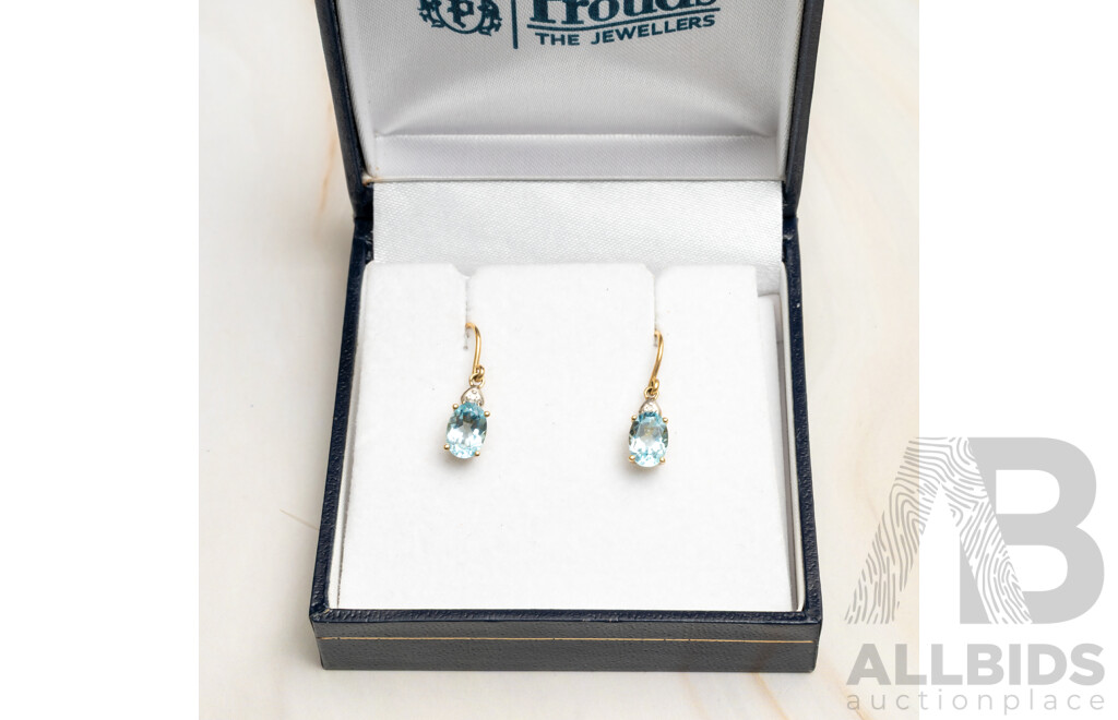 Prouds 9ct Topaz & Diamond Drop Earrings on Shepherds Hooks, TDW 0.01ct, as New, 20mm, 1.29 Grams