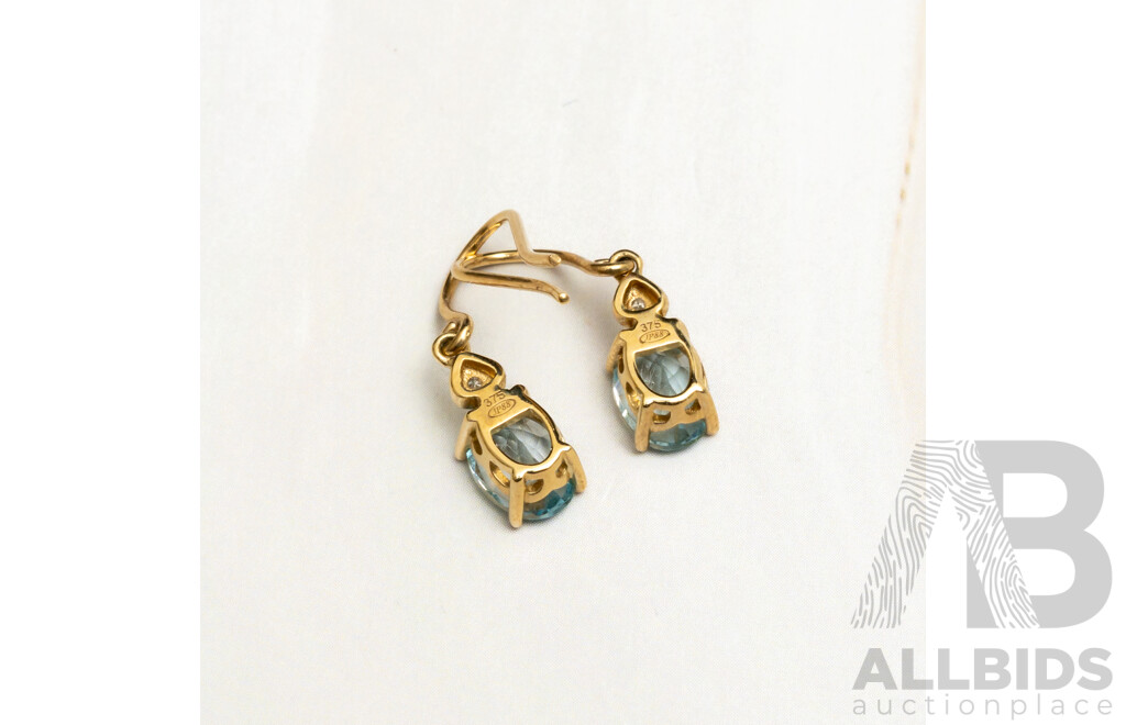 Prouds 9ct Topaz & Diamond Drop Earrings on Shepherds Hooks, TDW 0.01ct, as New, 20mm, 1.29 Grams