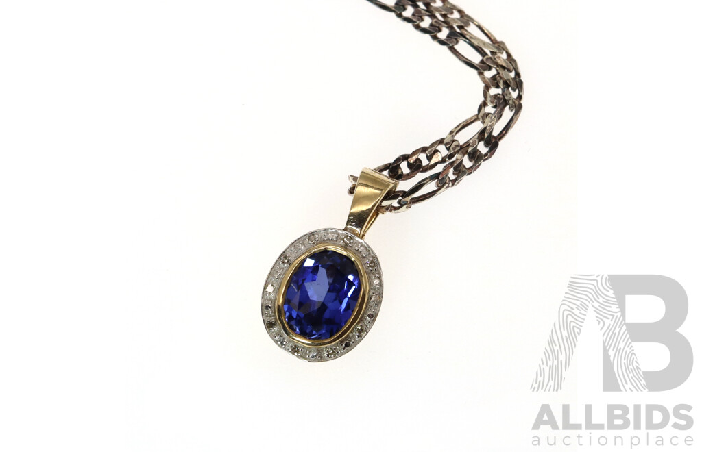 9ct Created Sapphire & Diamond Enhancer Clip Pendant, 22mm, TDW 0.10ct, 2.92 Grams on Sterling Silver Chain, 7.36gramsq