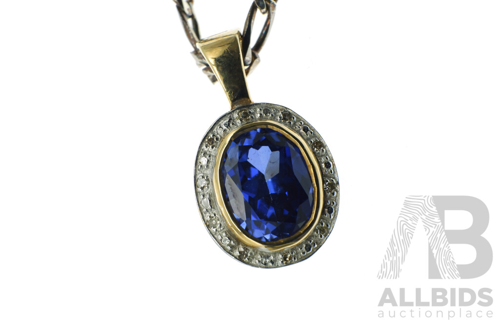 9ct Created Sapphire & Diamond Enhancer Clip Pendant, 22mm, TDW 0.10ct, 2.92 Grams on Sterling Silver Chain, 7.36gramsq