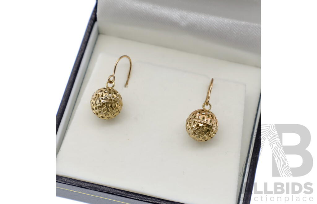 Prouds 9ct Euro Filigree Ball Drop Earrings, as New, 18mm, 1.14 Grams