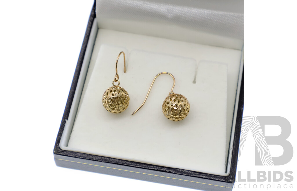 Prouds 9ct Euro Filigree Ball Drop Earrings, as New, 18mm, 1.14 Grams