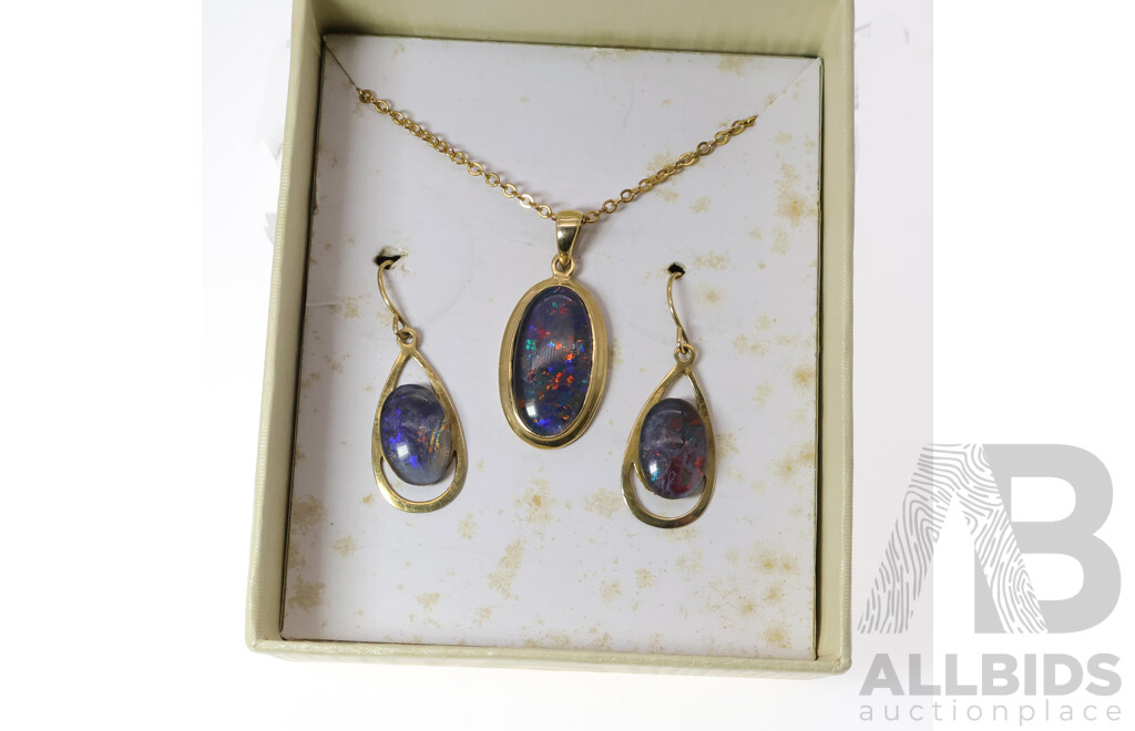 Sterling Silver Opal Triplet Ring, Size Q, 3.96 Grams and SS Opal Triplet Pendant and Matching Drop Earrings