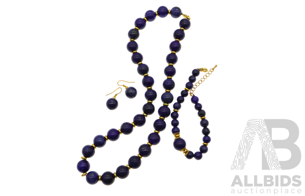 Lapis Lazuli Natural Gemstone Beaded Necklace, Bracelet and Drop Earrings with Gold Tone Spacer Beads