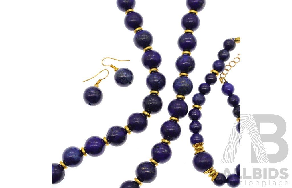 Lapis Lazuli Natural Gemstone Beaded Necklace, Bracelet and Drop Earrings with Gold Tone Spacer Beads