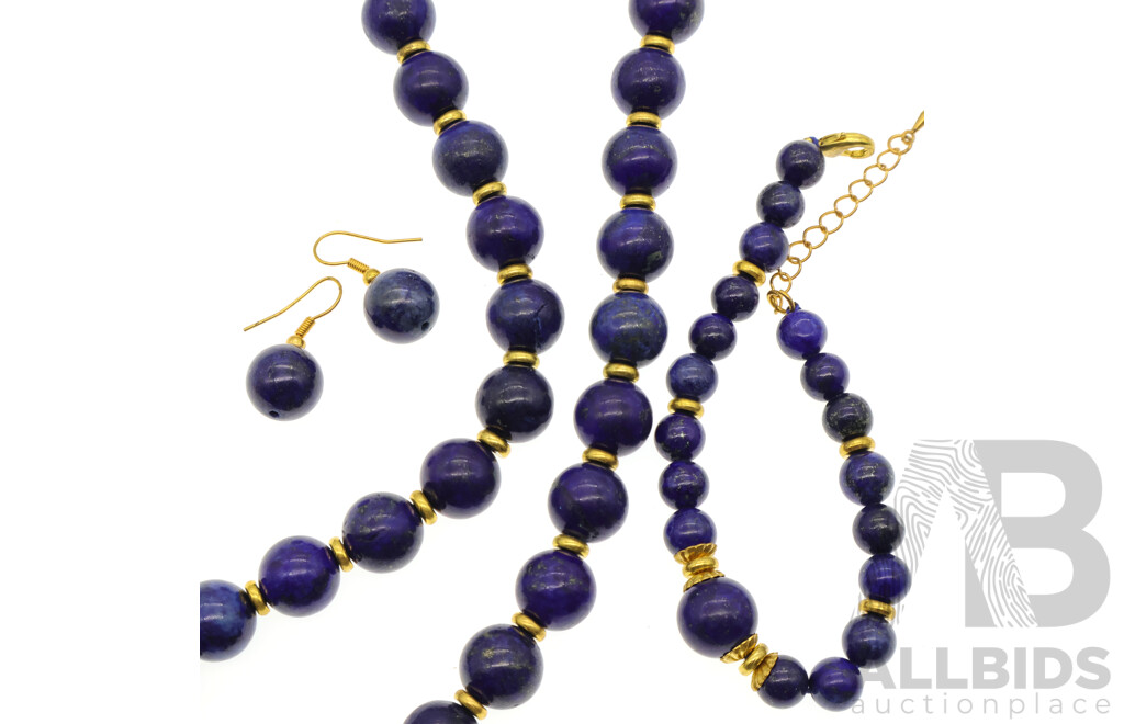 Lapis Lazuli Natural Gemstone Beaded Necklace, Bracelet and Drop Earrings with Gold Tone Spacer Beads