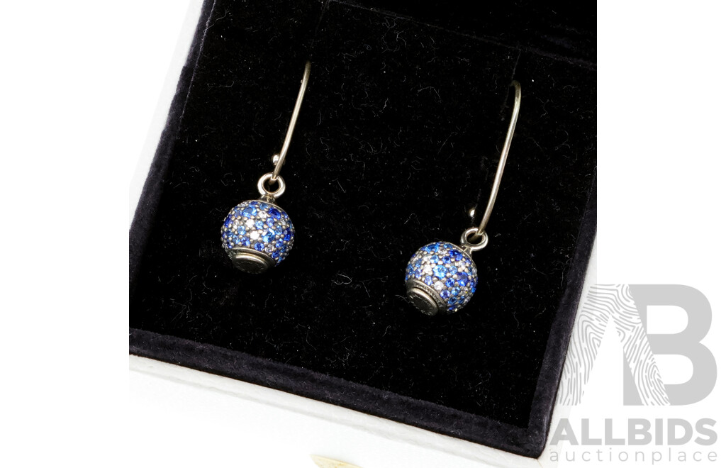 Pandora Sterling Silver Drop Earrings with Blue Crystal Set Beads, 7.59 Grams - Boxed as New