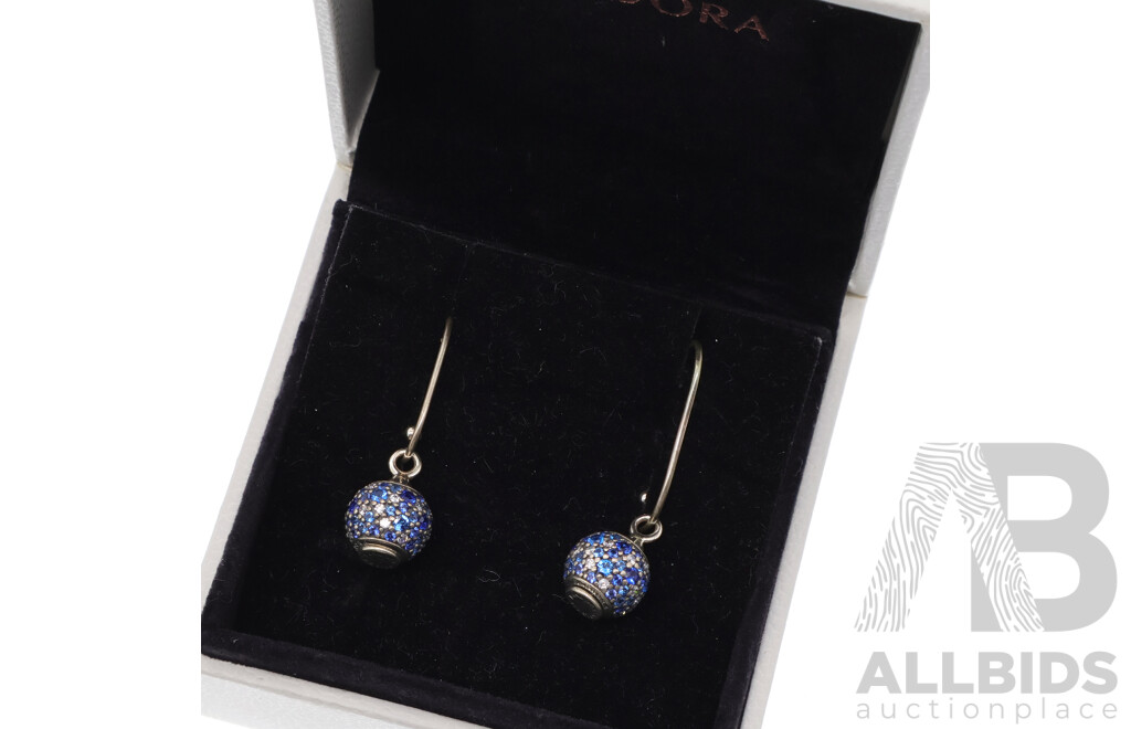 Pandora Sterling Silver Drop Earrings with Blue Crystal Set Beads, 7.59 Grams - Boxed as New