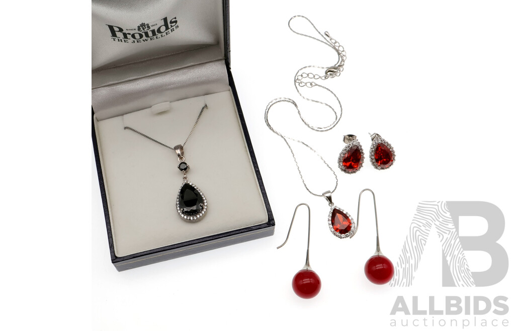 Sterling Silver Black Cz Pendant and Chain with Red Ball Drop Earrings and Silver Tone Cz Set