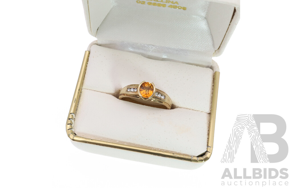 9ct Citrine & Diamond Set Ring, Size Q, 3.58 Grams