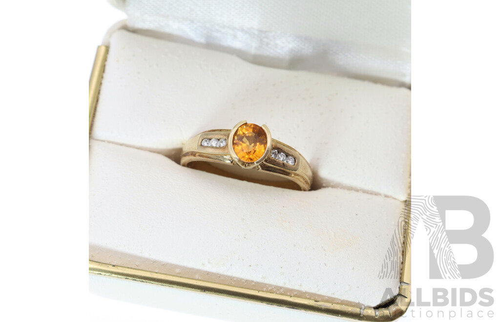 9ct Citrine & Diamond Set Ring, Size Q, 3.58 Grams