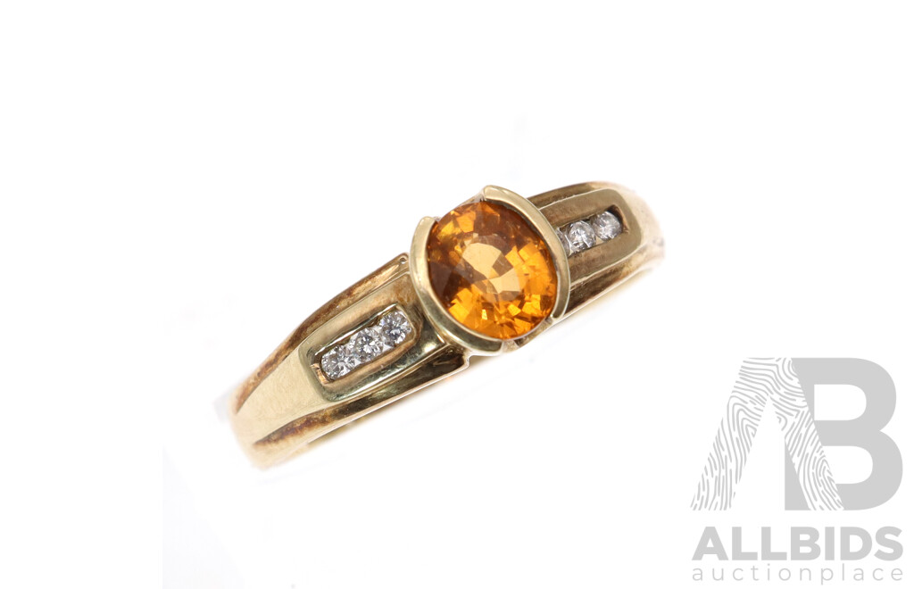 9ct Citrine & Diamond Set Ring, Size Q, 3.58 Grams