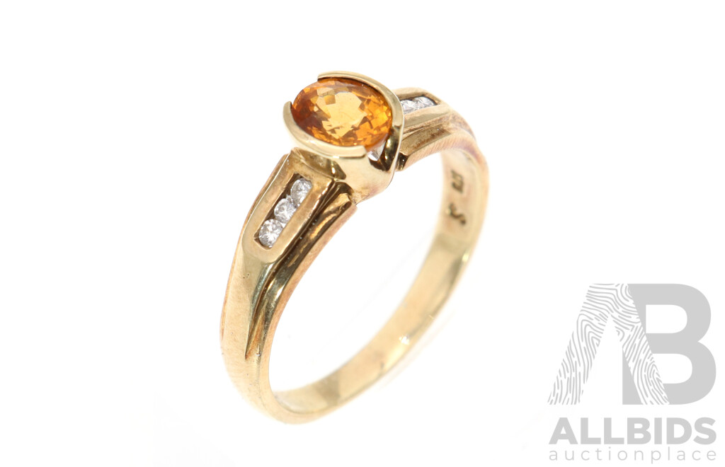 9ct Citrine & Diamond Set Ring, Size Q, 3.58 Grams