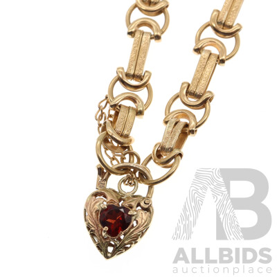 9ct Gate Style Bracelet with Garnet Set Heart Shaped Padlock, 18cm, 15.68 Grams