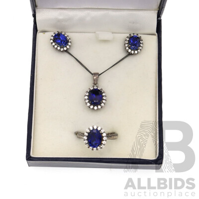 Sterling Silver Blue & White Cz Pendant, Earrings and Ring Set, 10.70 Grams