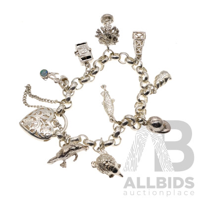 Sterling Silver Belcher Link Heart Padlock Bracelet with (9) Sterling Silver Charms, 17cm, 40.79 Grams