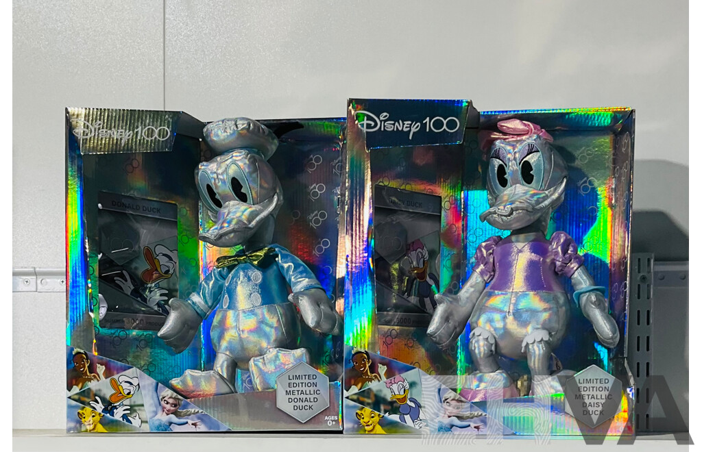 Disney Hundredth Anniversary Limited Edition Metallic Donald Duck Stuffed Toy and Daisy Duck Stuffed Toy Both New in Original Packaging