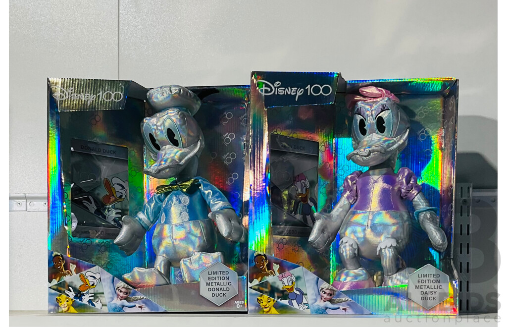 Disney Hundredth Anniversary Limited Edition Metallic Donald Duck Stuffed Toy and Daisy Duck Stuffed Toy Both New in Original Packaging