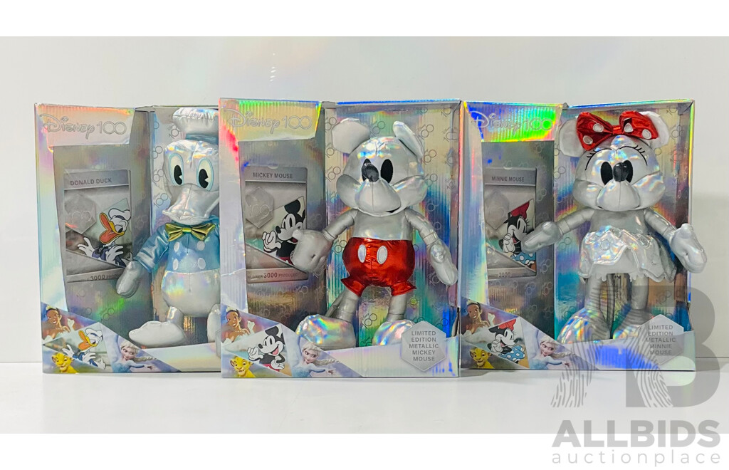 Disney Hundredth Anniversary Limited Edition Metallic Mickey Mouse, Minnie Mouse and Donald Duck Stuffed Toy New in Original Packaging