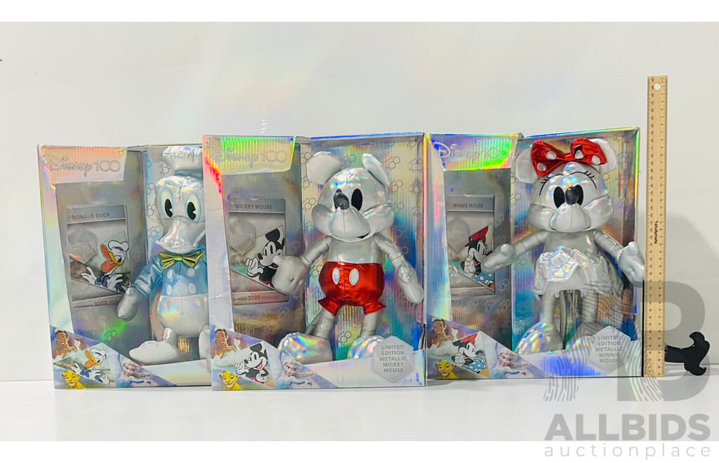 Disney Hundredth Anniversary Limited Edition Metallic Mickey Mouse, Minnie Mouse and Donald Duck Stuffed Toy New in Original Packaging