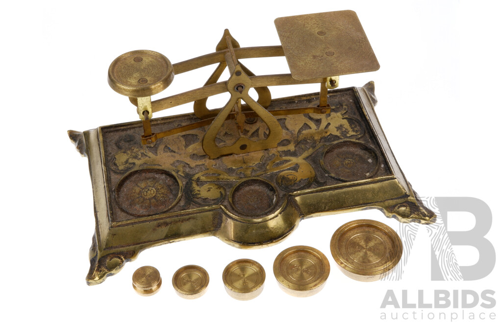 Set Vintage Brass Balance Scales with Set Five Brass Weights