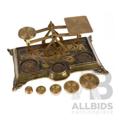 Set Vintage Brass Balance Scales with Set Five Brass Weights