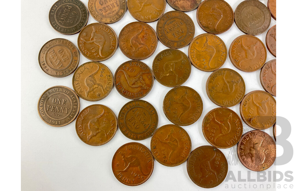 Collection of Australian KGV, KGVI and QE2 Pennies, Spanning Years 1911- 1964 - Approximately 530 Grams