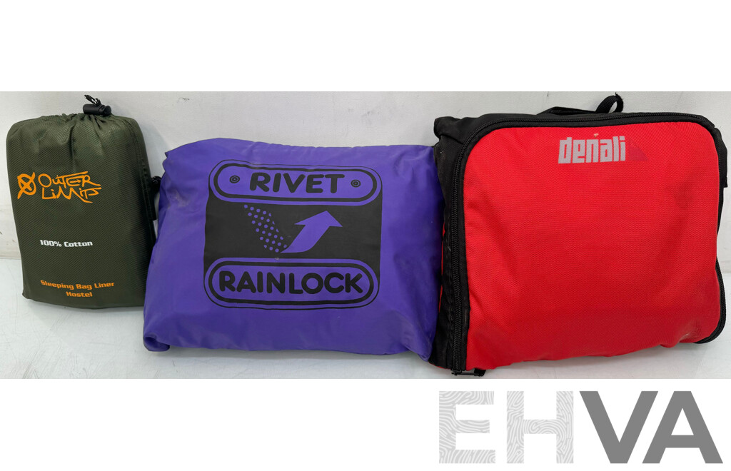 Outer Limits Sleeping Bag Liner, Rivet Rainlock One Piece and Denali Compact Bag