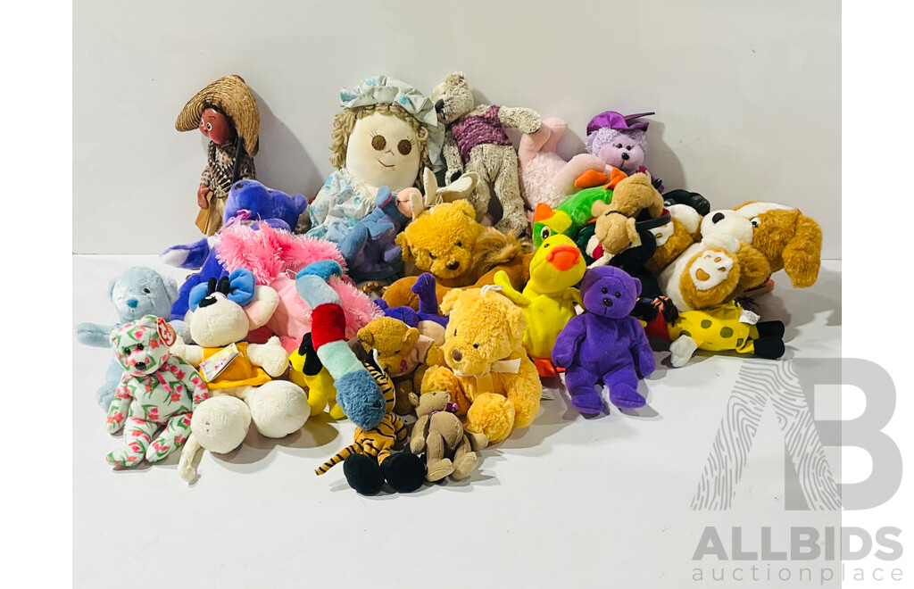 Large Collection of Stuffed Animals and Dolls