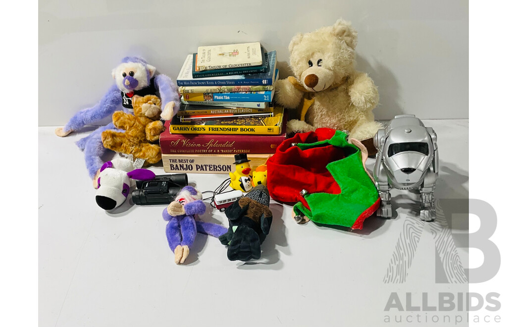 Collection of Books and Toys Including Tekmo Robotic Dog and Stuffed Bear