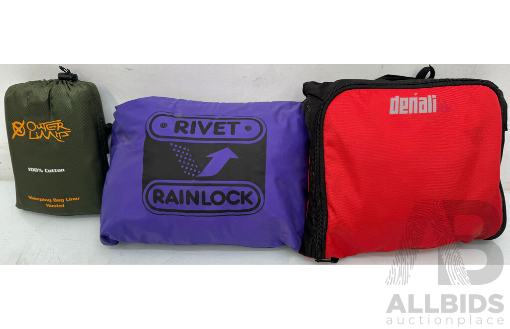 Outer Limits Sleeping Bag Liner, Rivet Rainlock One Piece and Denali Compact Bag