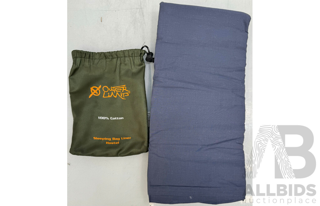 Outer Limits Sleeping Bag Liner, Rivet Rainlock One Piece and Denali Compact Bag