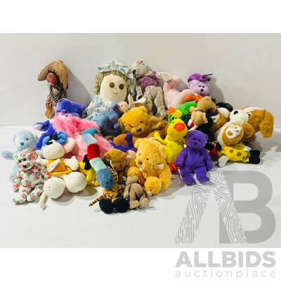 Large Collection of Stuffed Animals and Dolls