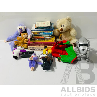 Collection of Books and Toys Including Tekmo Robotic Dog and Stuffed Bear