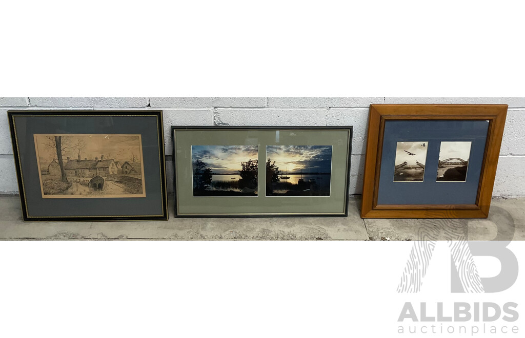 Wooden 4-Panel Lacquered Display Screen  & Vintage Art Collection: Countryside Sketch, Sunset Photos & Harbor Bridge Construction