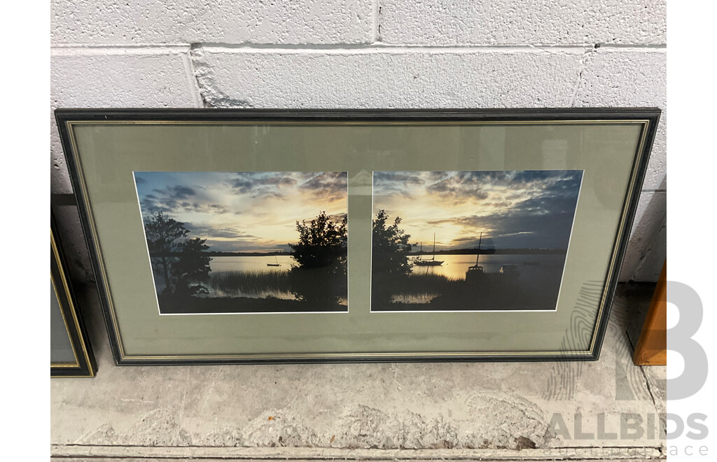 Wooden 4-Panel Lacquered Display Screen  & Vintage Art Collection: Countryside Sketch, Sunset Photos & Harbor Bridge Construction