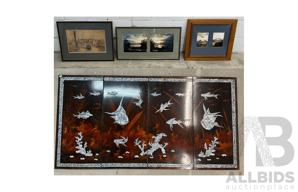 Wooden 4-Panel Lacquered Display Screen  & Vintage Art Collection: Countryside Sketch, Sunset Photos & Harbor Bridge Construction