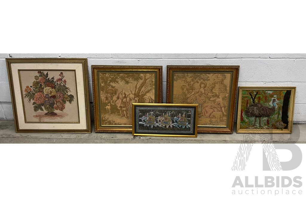 Framed Needlework & Tapestry Artworks: Floral Bouqet, Pastoral Scenes and Abtract Nest 