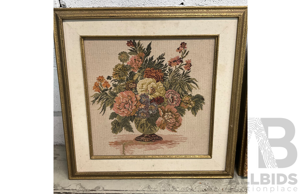 Framed Needlework & Tapestry Artworks: Floral Bouqet, Pastoral Scenes and Abtract Nest 