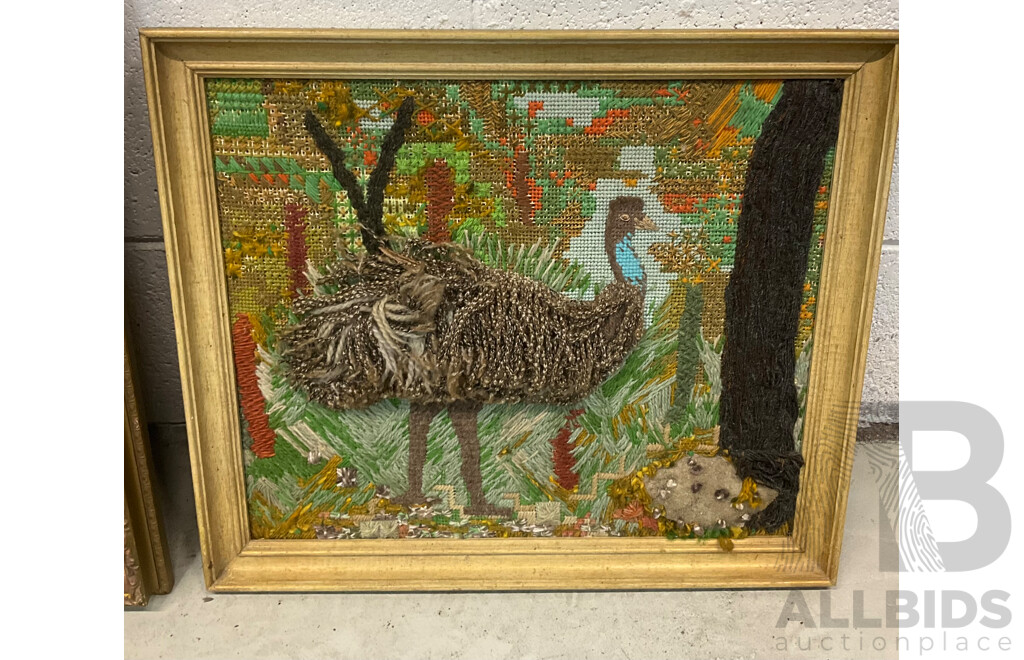 Framed Needlework & Tapestry Artworks: Floral Bouqet, Pastoral Scenes and Abtract Nest 