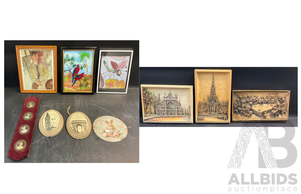 Assorted Artworks & Household Decorations - Wooden Plaques, Framed Prints & Historic Oval Decorations