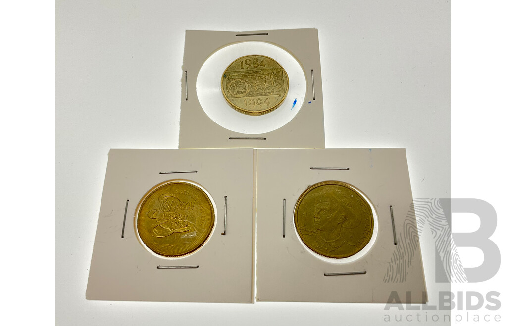 Three Australian Commemorative One Dollar Coins, 1994 Decade of One Dollar Coin, 1999 Last ANZAC, 2020 Eureka