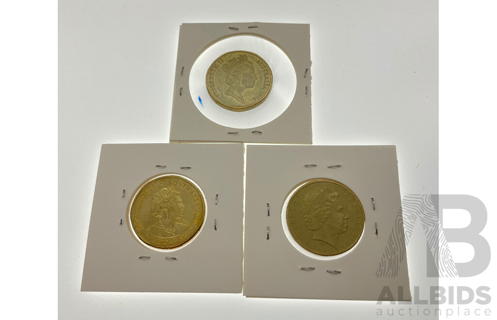 Three Australian Commemorative One Dollar Coins, 1994 Decade of One Dollar Coin, 1999 Last ANZAC, 2020 Eureka