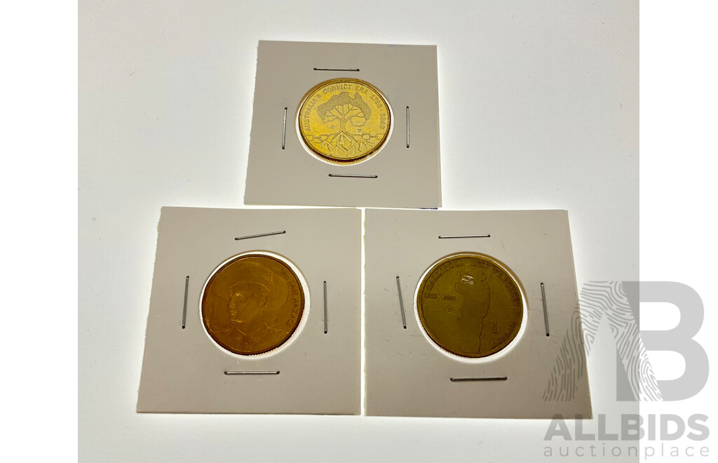 Three Australian Commemorative One Dollar Coins, 1999 Last ANZAC, 2005 Gallipoli, Lest We Forget, 2018 Australia's Convict Era