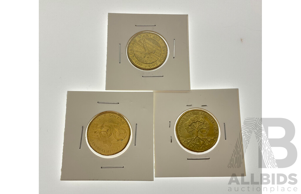 Three Australian Commemorative One Dollar Coins, 2003 Korean War, 2020 Qantas Centenary, 2018 Australia's Convict Era