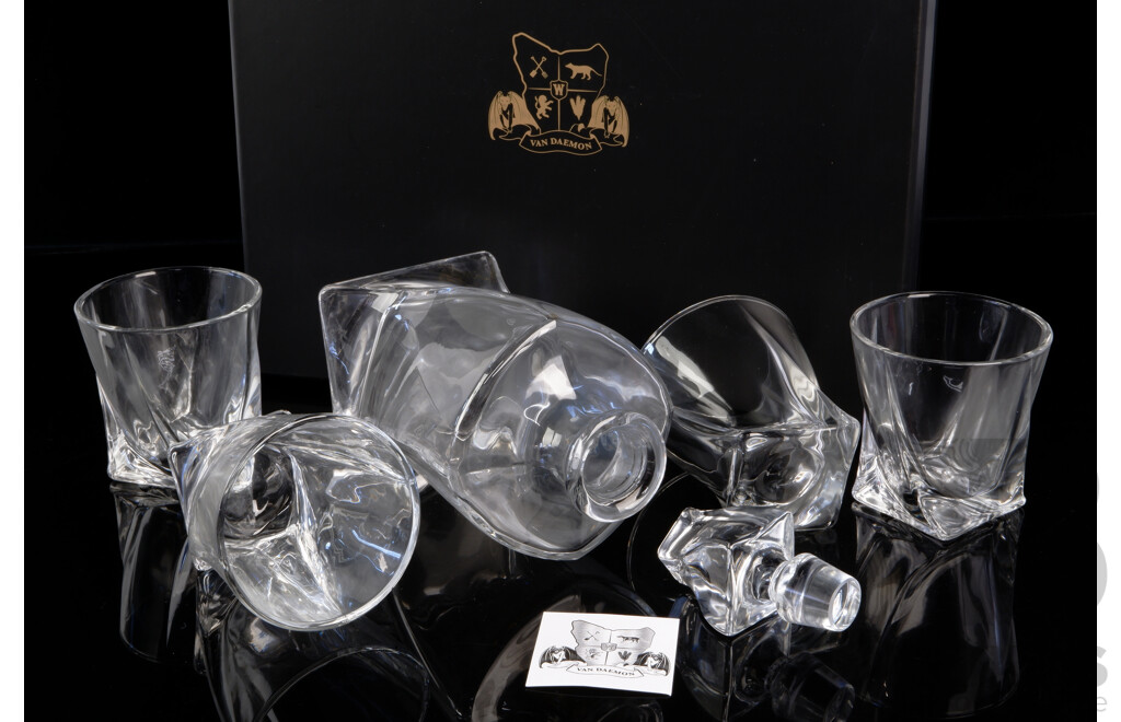 Contemporary Van Daemon Heavy Glass Decanter and Stopper with Four Matching Tumblers in Original Box