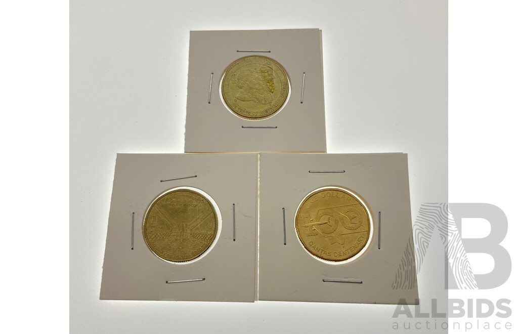 Three Australian Commemorative One Dollar Coins, 2010 One Hundred Years of Australian Coinage, 2020 Qantas Centenary, 2007 Harbour Bridge 'C' Mint Mark